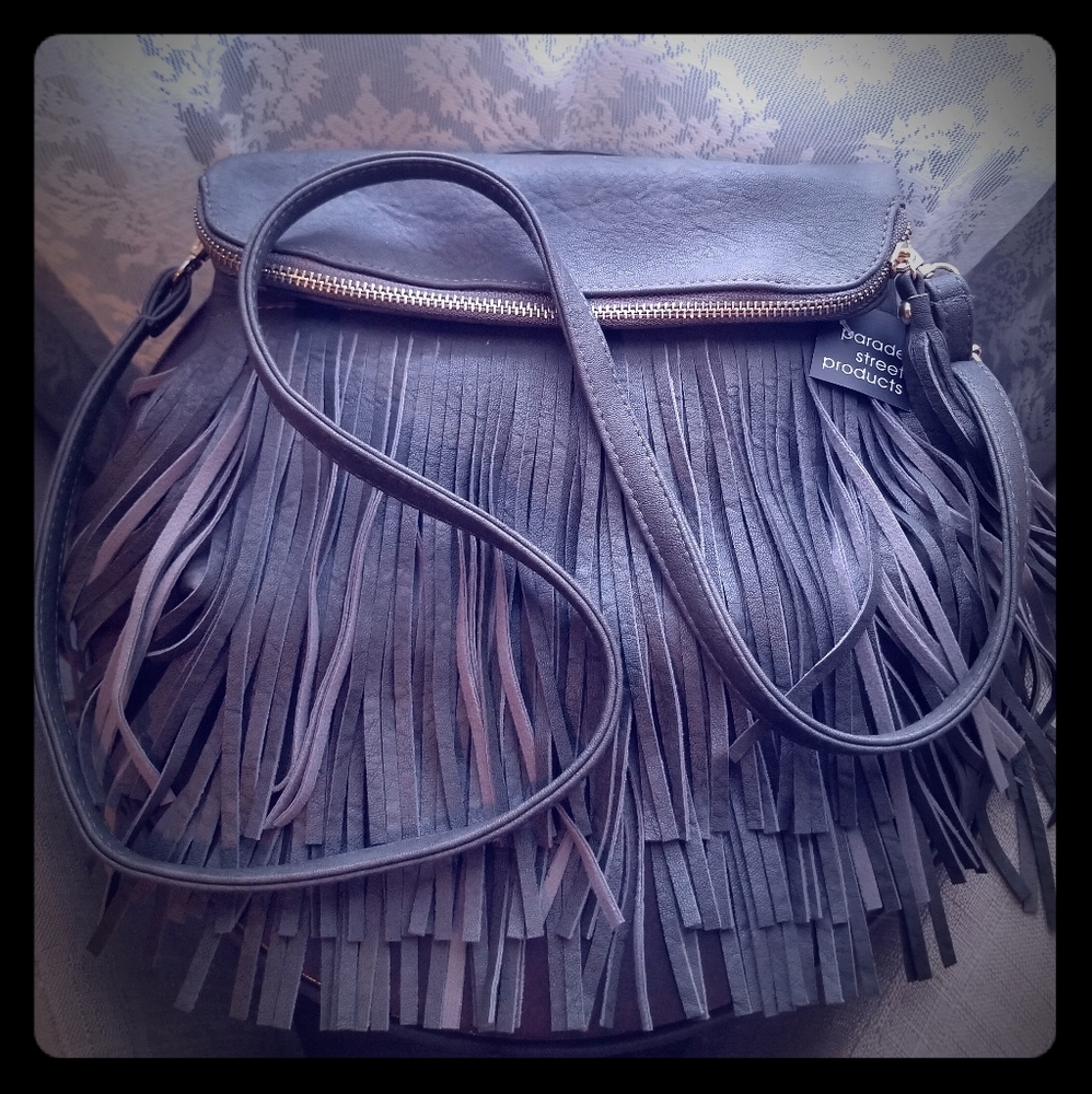 Charcoal Grey Leather Fringe Foldover Crossbody
